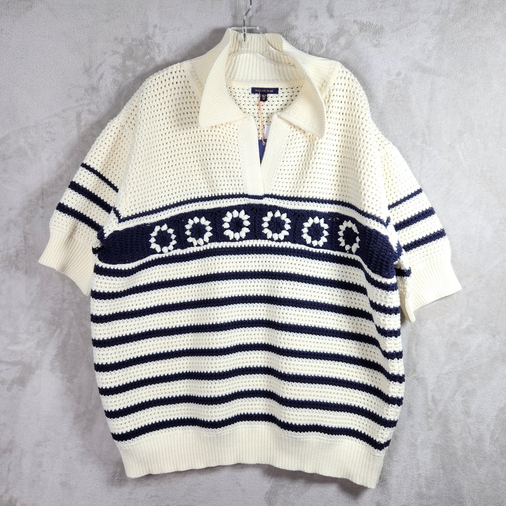 Skies Are Blue Crochet Polo Sweater Women 1X Off White Navy Striped Boho Coastal